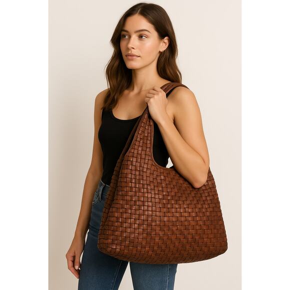 KOMPANERO Handbags - Kompanero Woven Leather Shoulder Bag Brown Cognac Large Boho Artisan Hobo Tote